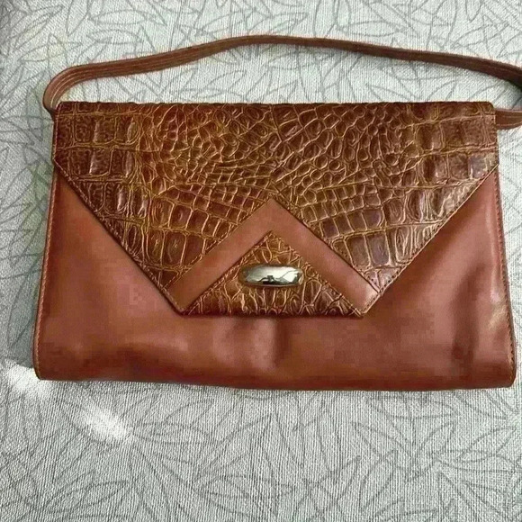 Brown Clutch / Bag with Crocodile Print - Picture 1 of 7